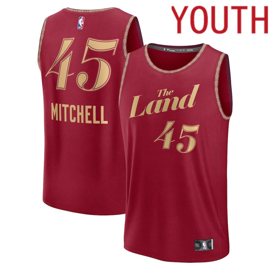 Youth Cleveland Cavaliers 45 Donovan Mitchell Fanatics Branded Wine City Edition 2023-24 Fast Break NBA Jersey